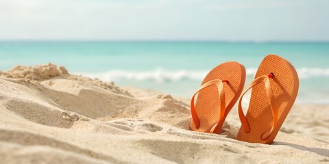 Relaxing on sandy beach with orange flip flops overlooking turquoise ocean