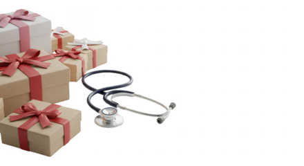 Isolated 3D Render of Christmas Gifts with Stethoscope in Transparent Background
