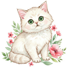 Watercolor Illustration of Cute Cat Kitten with Floral Decoration
