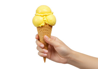 Yellow Ice Cream Cone in Hand Sweet Dessert on Transparent Background