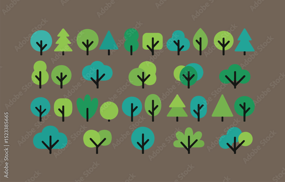Poster collection of flat design tree icons in various shapes and colors on a brown background