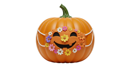 Isolated 3D Rendering Halloween Pumpkin with Flower Mask on Transparent