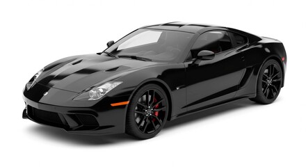 A sleek black sports car is displayed against a bright white background front