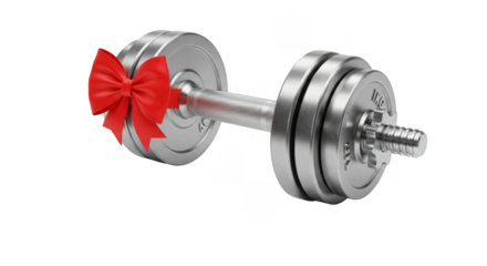 Isolated 3D Rendering of a Silver Dumbbell with Red Ribbon on Transparent Background