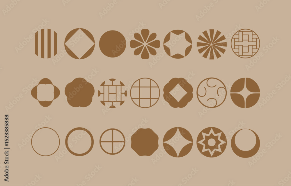 Aufkleber collection of diverse circular design elements in brown color isolated on a beige background for cre