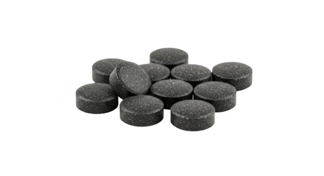 Isolated Transparent Background Pile of Black Cough Suppressant Pills