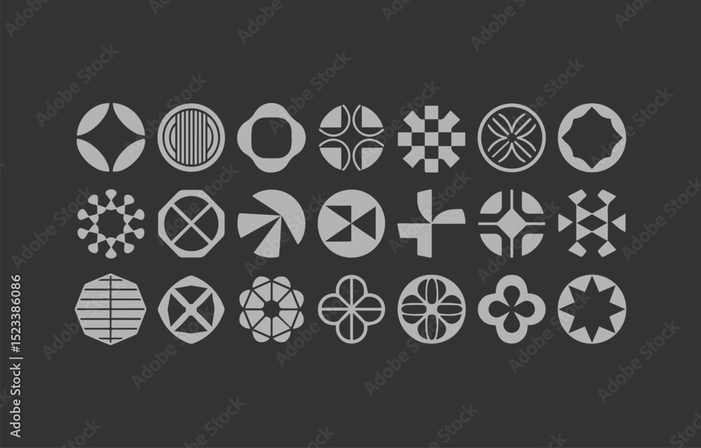 Poster collection of twenty unique circular geometric designs in light gray on a dark gray background for g
