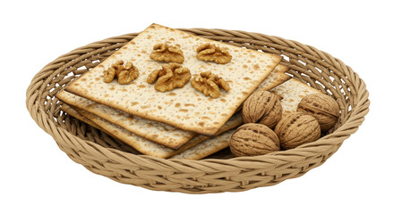 Obraz premium Isolated 3D Rendering of Matzah with Walnuts in Woven Basket