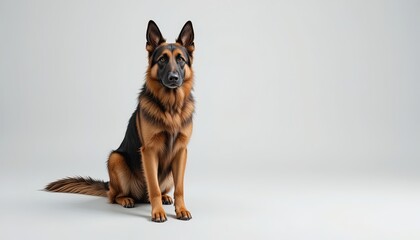 German shepherd sitting against a plain background.