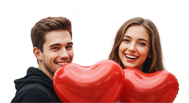 Isolated Portrait Of Happy Couple Holding Red Heart Balloons For Valentine