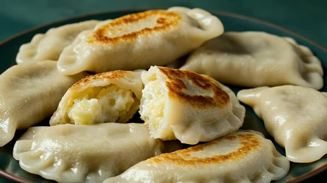 Potato and cheese pierogi on plate