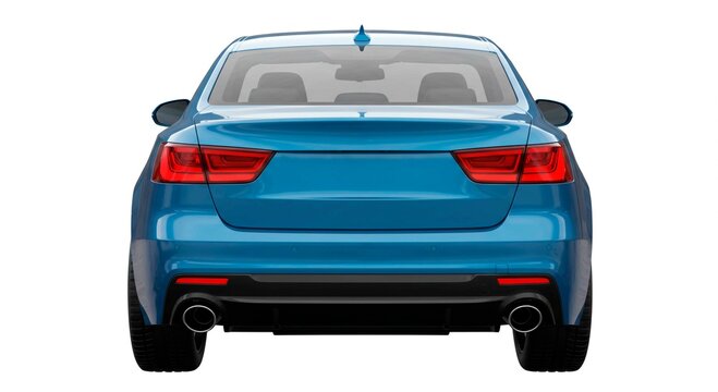 Rear view of a blue car with visible taillights and exhaust pipes isolated