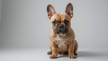 A french bulldog puppy sits patiently in front of a neutral background.