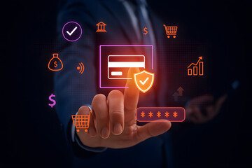 Digital Payment Security: Close-up on a hand interacting with a virtual interface showcasing the concept of secure online transactions, with a credit card and digital icons.