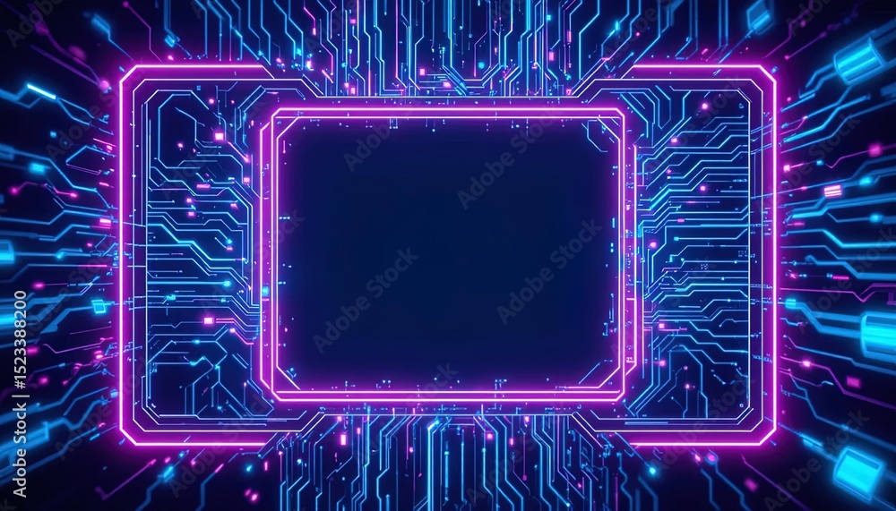 Poster neon circuit board frame with empty space in the center.