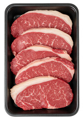 Overhead Raw Fresh Red Beef Steaks Marbling Meat in Black Package