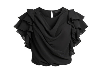 Isolated Black Shiny Top With Short Sleeves and Ruffles on Transparent Background