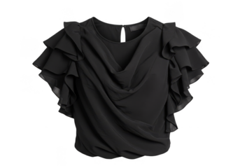 Isolated Black Shiny Top With Short Sleeves and Ruffles on Transparent Background
