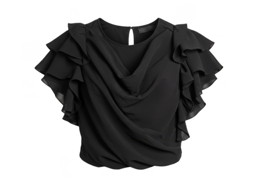 Isolated Black Shiny Top With Short Sleeves and Ruffles on Transparent Background