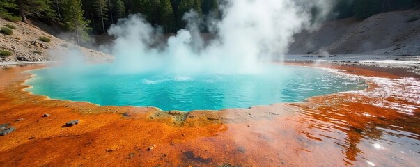 Steaming geothermal hot spring water flows over colorful rocks, creating a vibrant and tranquil scene Perfect for travel, nature, and wellness themes , nature, picturesque, vacation