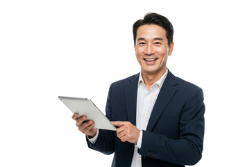 Portrait of Asian Businessman Holding Tablet Computer Over Transparent Background