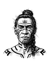 Fototapeta premium Indigenous man with tribal tattoos, Monochromatic sketch, Transparent background. Indigenous Peoples Day, Indigenous Culture, Tradition. Editorial, Education, Cultural Projects, Awareness, Design
