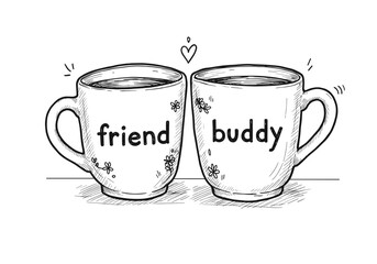 "Friend" and "Buddy" Text on Cups, Simple Line Art. International Friendship Day, Friendship Concept. Stock Illustration, Design, Social Media