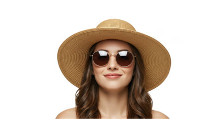 Portrait Of Young Woman In Straw Hat And Sunglasses Isolated On PNG