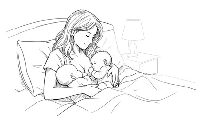 Mother breastfeeding twins in bed during World Breastfeeding Week