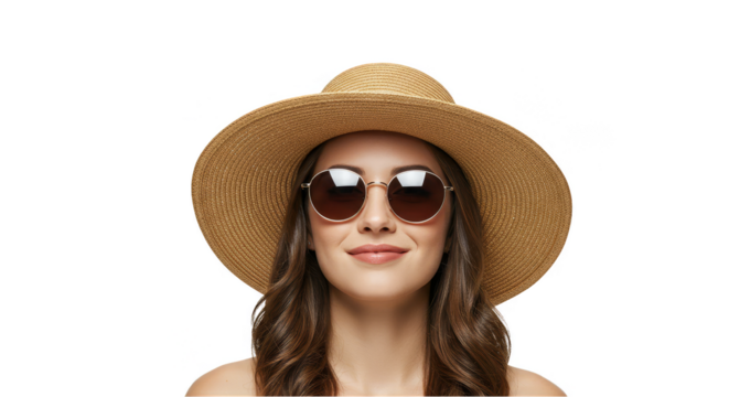 Portrait Of Young Woman In Straw Hat And Sunglasses Isolated On PNG