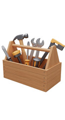 Realistic 3D Render of Wooden Toolbox with Tools for Carpentry Works