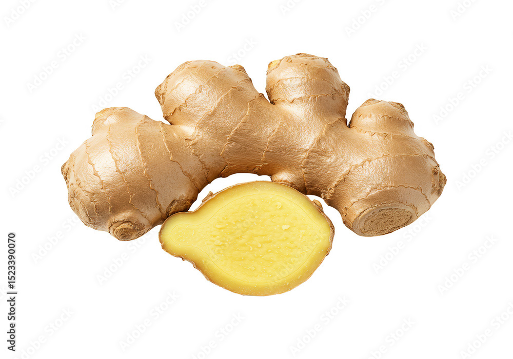 Poster isolated studio shot of ginger root and slice on transparent background
