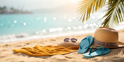 Sunny sandy beach scene with straw hat sunglasses and sandals capturing tropical vacation bliss