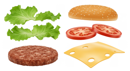 Isolated Burger Ingredient With Lettuce Tomato Cheese Meat and Sesame Bun
