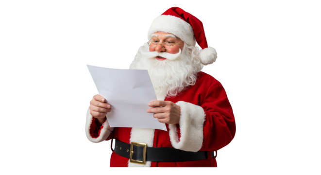 Santa Claus Reading Letter With Transparent Background for Christmas Holiday