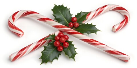 Festive candy canes with holly berries create joyful holiday atmosphere