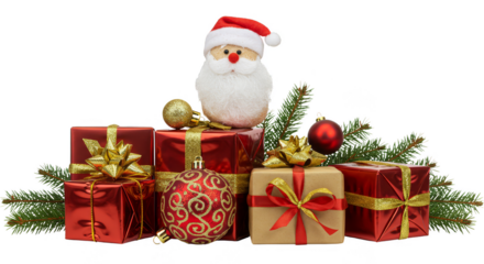 Isolated Christmas Presents with Decorative Santa and Festive Ornaments