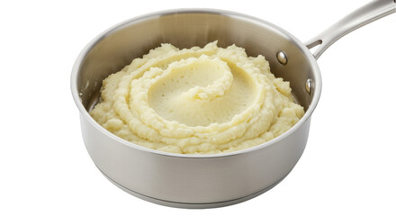Isolated Close Up of Mashed Potatoes in Stainless Steel Pot in PNG