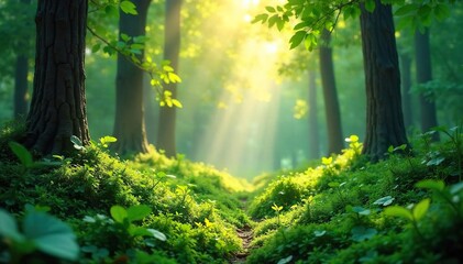 Fototapeta premium Sunlight dappling through leaves onto a lush green forest floor, creating a serene and natural spa-like atmosphere Perfect for relaxation and wellness themes , serene scene, ground