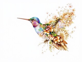 Obraz premium Delicate Hummingbird on Floral Pattern Watercolor Pencil Art