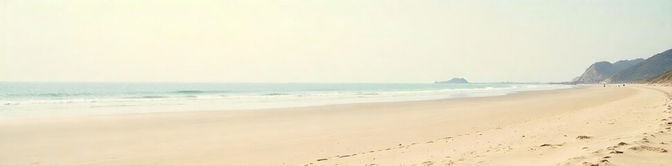 Vast expanse of empty beach at low tide, smooth sand stretches to the horizon under a pale sky Perfect for relaxation, solitude, and coastal scenery themes , coastal, texture