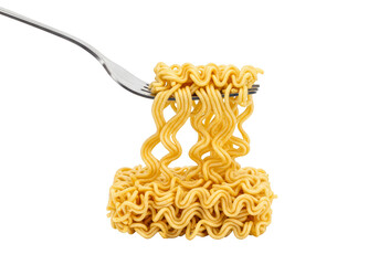 Isolated Transparent Background Image of Yellow Noodles Held by Fork