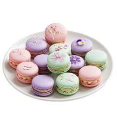 Obraz premium Isolated Colorful Macarons on Plate Delicious Sweet Pastry Dessert