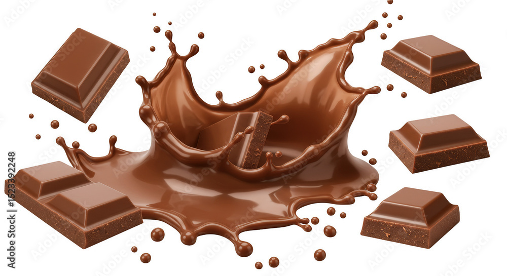 Poster isolated delicious chocolate blocks and cocoa splashes with transparency