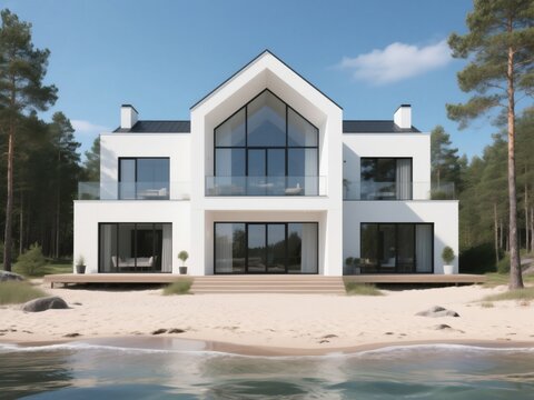 3D rendering of a white house with black windows on a beach in a pine forest near the sea, frontal view.