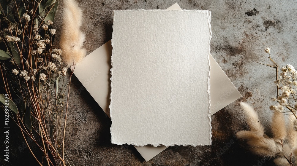 Poster blank paper card with envelope and dried flowers on textured background, ideal for invitations and p