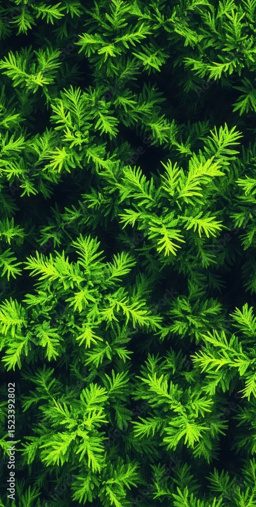 Poster bright green cedar branches creating a dense pattern, symbolizing growth and environmental sustainab