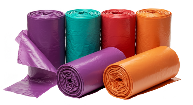 Isolated Transparent Background of Multicolored Plastic Garbage Bag Rolls