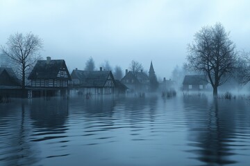 Fototapeta premium Flooded Rural Landscape with Misty Water Reflections and Atmospheric Silhouettes During Twilight