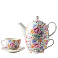 Isolated Floral China Teapot and Teacup on Transparent Background
